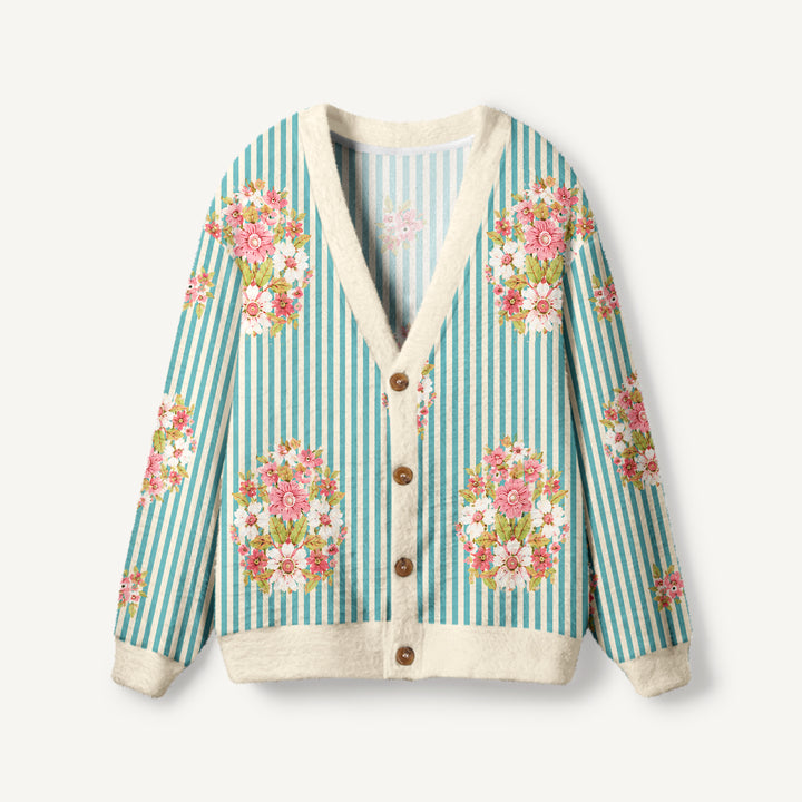 Cardigan lavorato a maglia con bottoni e motivo a righe floreali in stile cottage