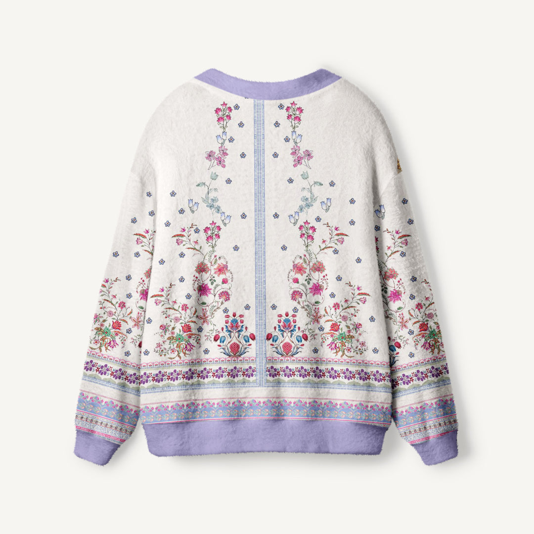 Cardigan lavorato a maglia con motivo floreale simmetrico in stile boho e bordo a forma di bouquet