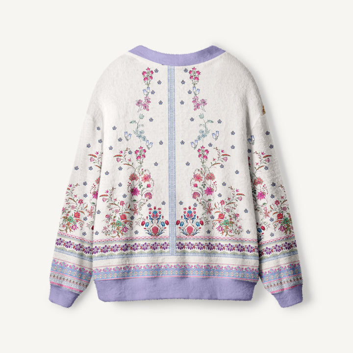 Cardigan lavorato a maglia con motivo floreale simmetrico in stile boho e bordo a forma di bouquet
