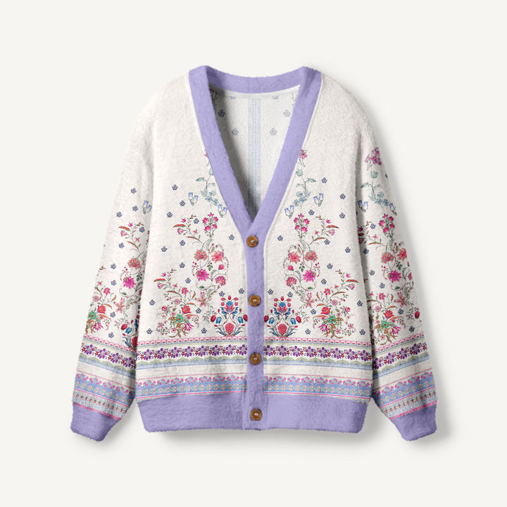 Cardigan lavorato a maglia con motivo floreale simmetrico in stile boho e bordo a forma di bouquet