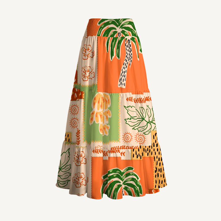 Gonna lunga e abito senza spalline con stampa boho a palme e ibisco