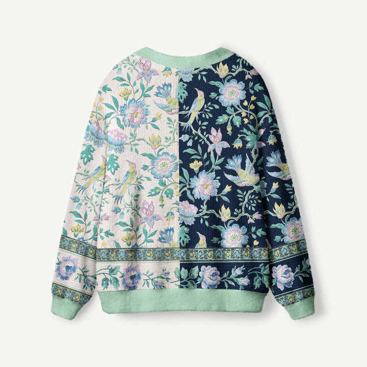 Cardigan in maglia stile boho con motivo floreale “Il canto degli uccelli” in due tonalità