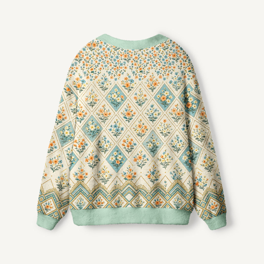 Cardigan lavorato a maglia in stile patchwork con motivi floreali in tonalità tenui
