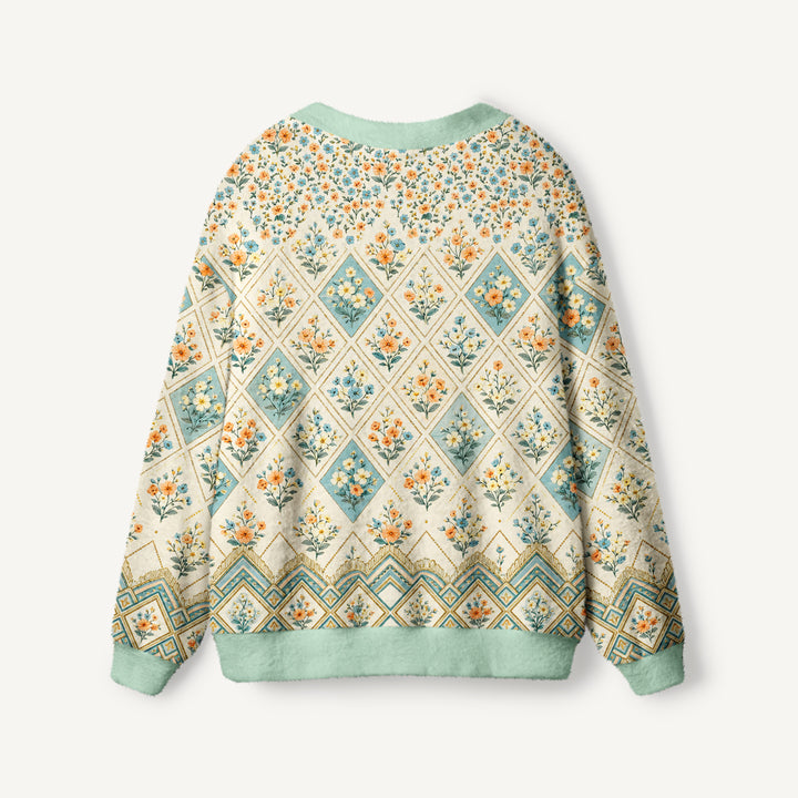 Cardigan lavorato a maglia in stile patchwork con motivi floreali in tonalità tenui