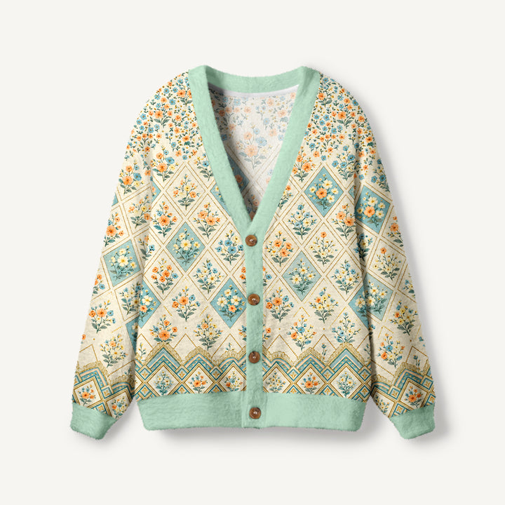 Cardigan lavorato a maglia in stile patchwork con motivi floreali in tonalità tenui