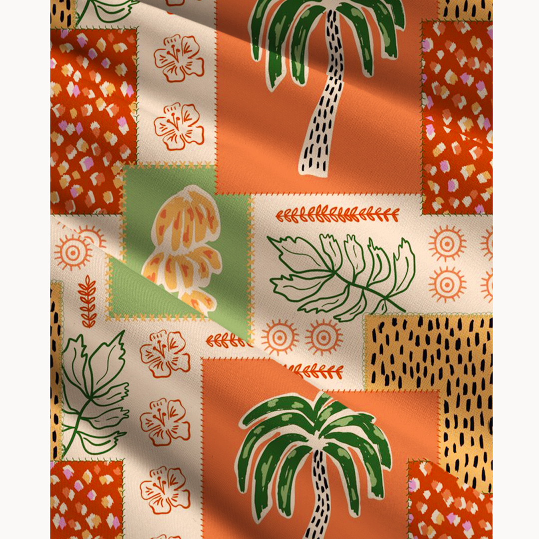 Gonna lunga e abito senza spalline con stampa boho a palme e ibisco