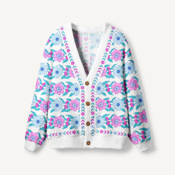 Cardigan lavorato a maglia con bottoni e motivo floreale rosa e blu