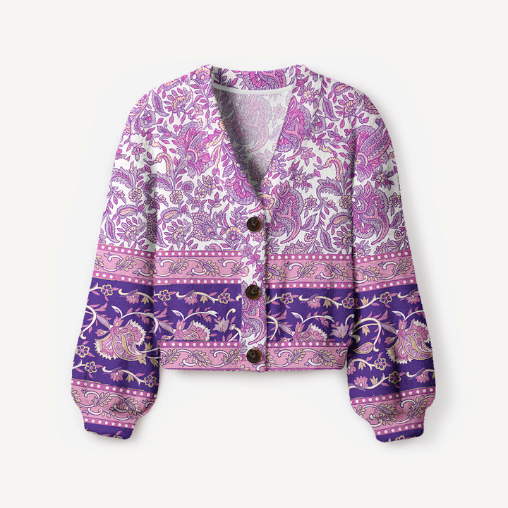 Cardigan lavorato a maglia in stile Paisley viola