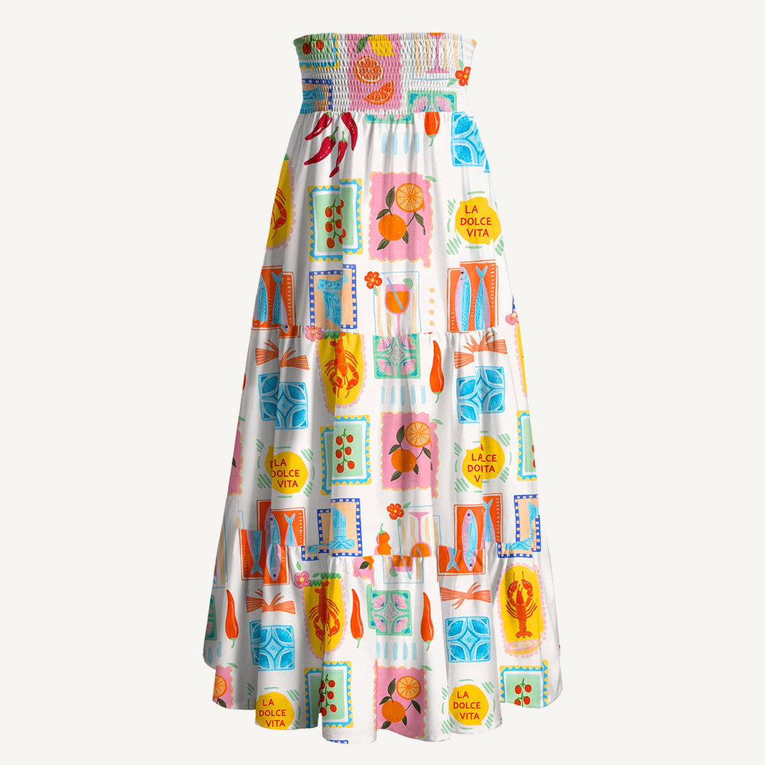 Gonna lunga con stampa tropicale e abito senza spalline
