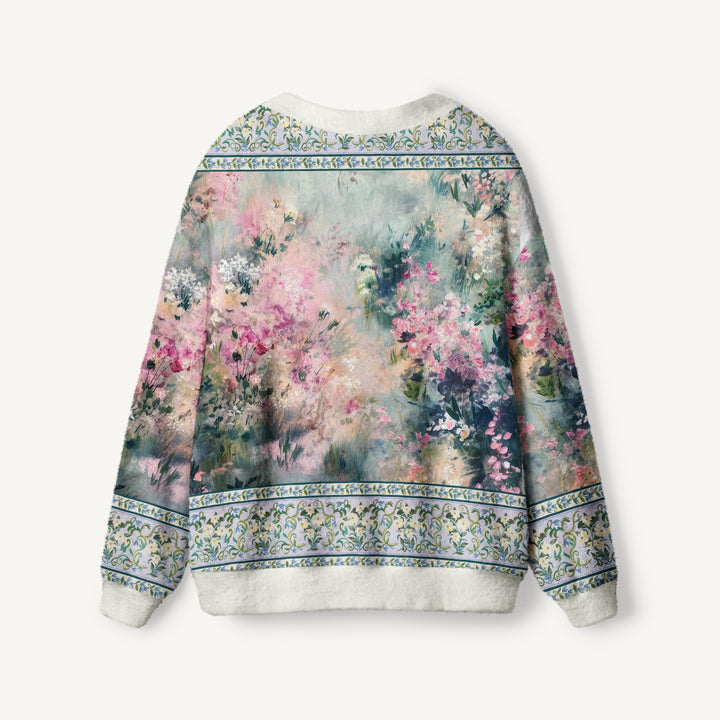 Cardigan lavorato a maglia con bottoni, in stile boho, con motivo floreale da giardino in acquerello