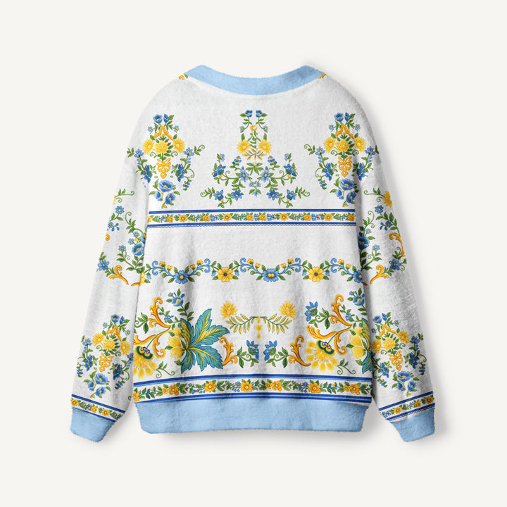 Cardigan lavorato a maglia con ricami botanici blu e gialli