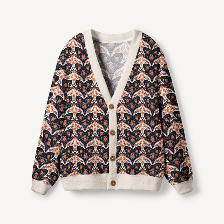 Cardigan lavorato a maglia con motivo geometrico floreale vintage