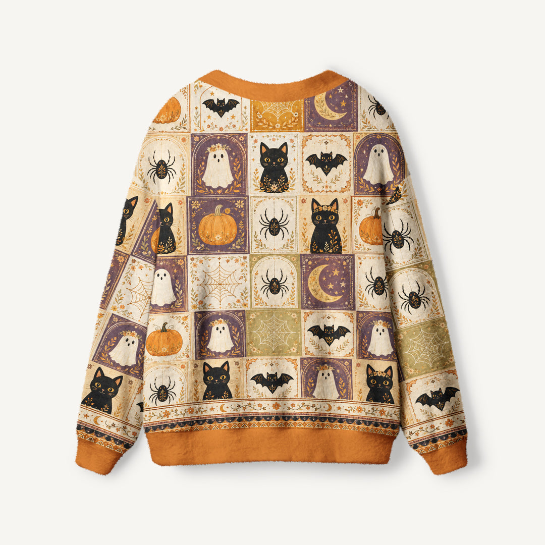 Cardigan con stampa patchwork “Gatto e zucca di Halloween”