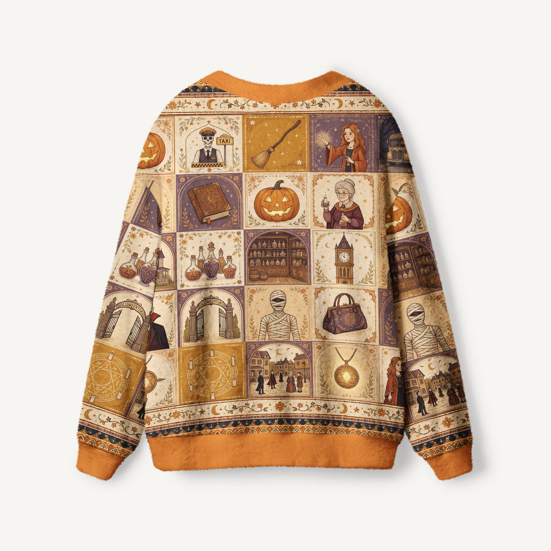 Cardigan lavorato a maglia in patchwork con motivi ispirati al mitico villaggio di Halloween