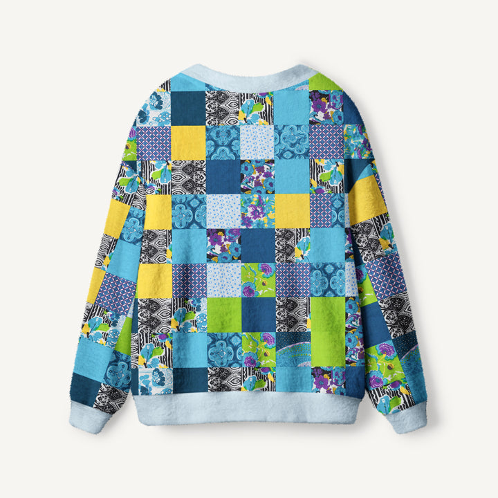 Cardigan lavorato a maglia in patchwork con motivi floreali geometrici