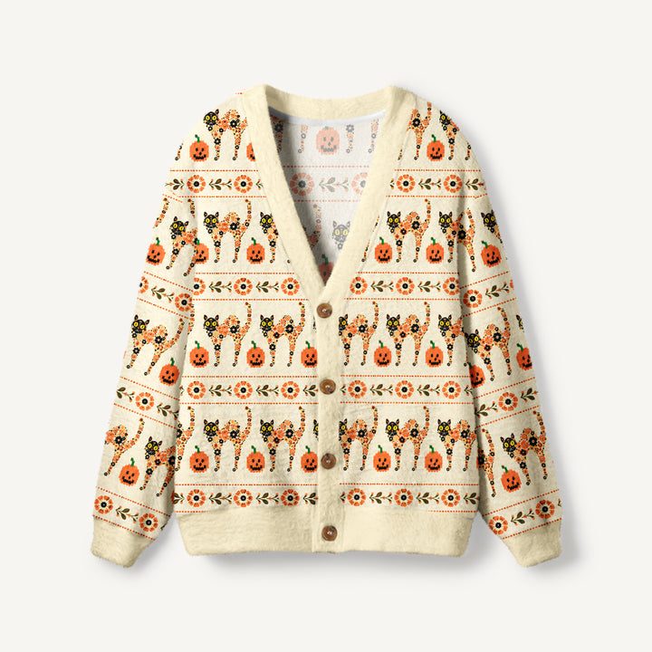 Cardigan lavorato a maglia con motivo floreale in stile boho, con gatti e zucche, per Halloween
