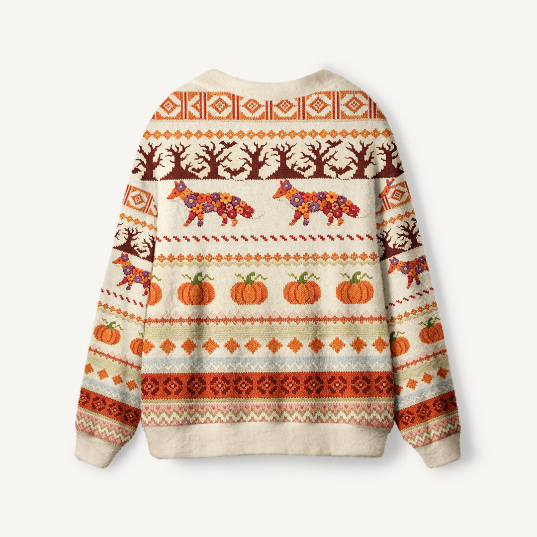 Cardigan lavorato a maglia con motivo di volpe e zucca autunnale per Halloween