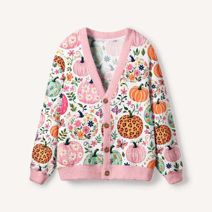Cardigan autunnale in maglia con motivo floreale a zucche