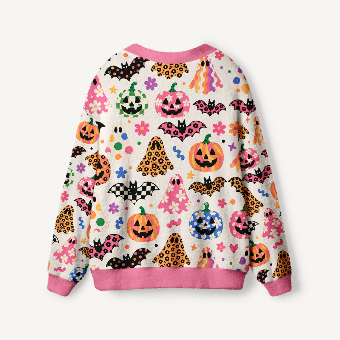 Cardigan lavorato a maglia con motivi di zucche fantasma, pipistrelli e Halloween