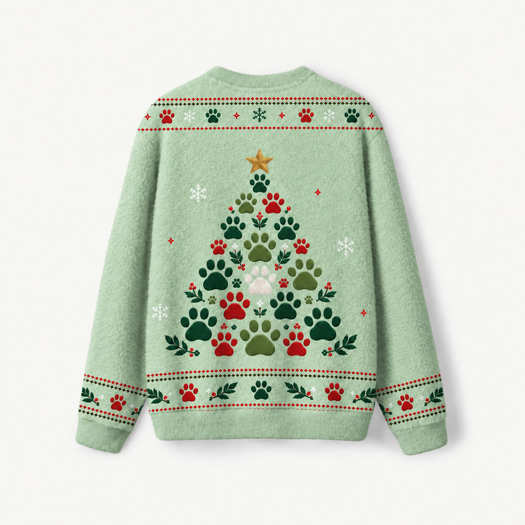 Maglione Natalizio Girocollo con Impronta di Zampa di Gatto e Albero di Natale