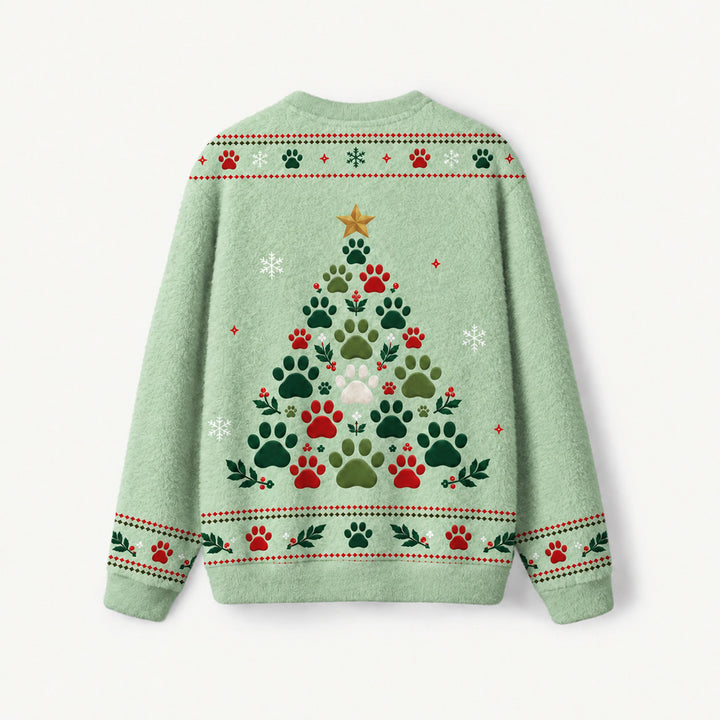 Maglione Natalizio Girocollo con Impronta di Zampa di Gatto e Albero di Natale