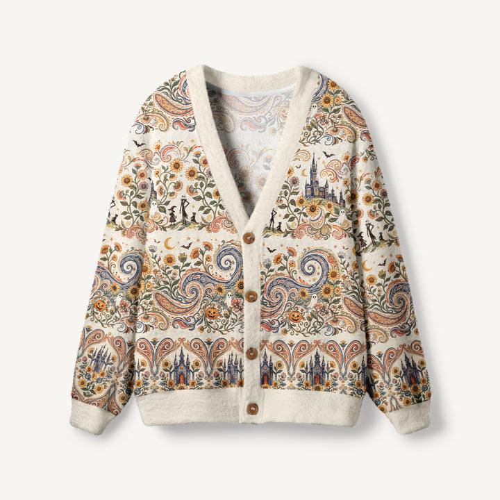 Cardigan lavorato a maglia con bottoni e motivo Boho Halloween del giardino del castello incantato