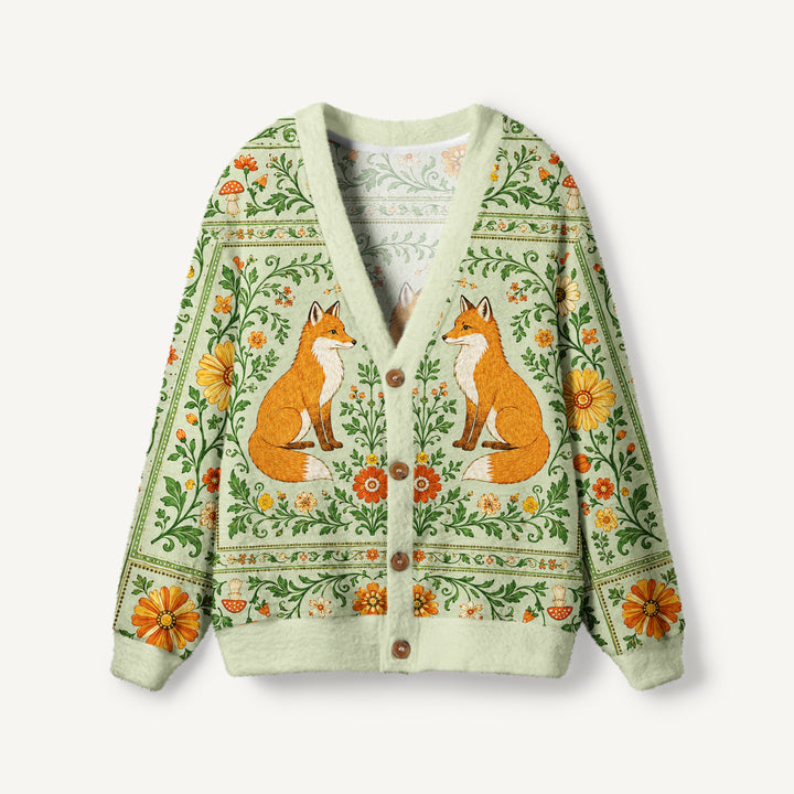Cardigan lavorato a maglia verde salvia “Volpi della giungla”