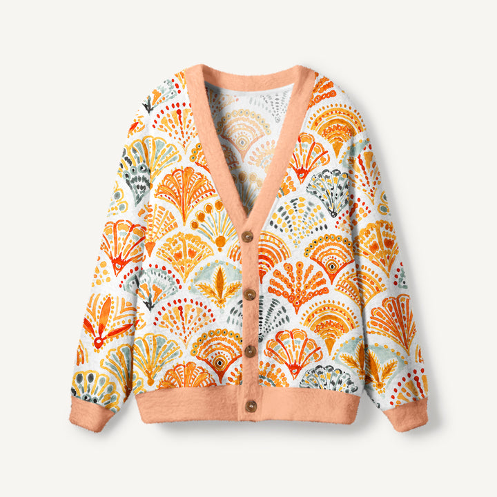 Cardigan lavorato a maglia con piastrelle a conchiglia dai colori caldi, effetto acquerello
