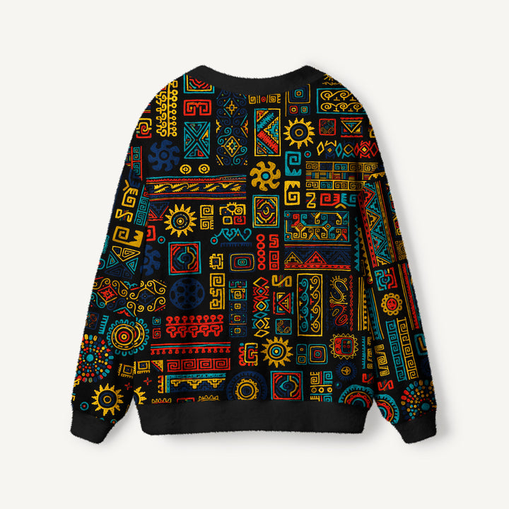 Cardigan lavorato a maglia in stile arazzo con simbolo del sole azteco