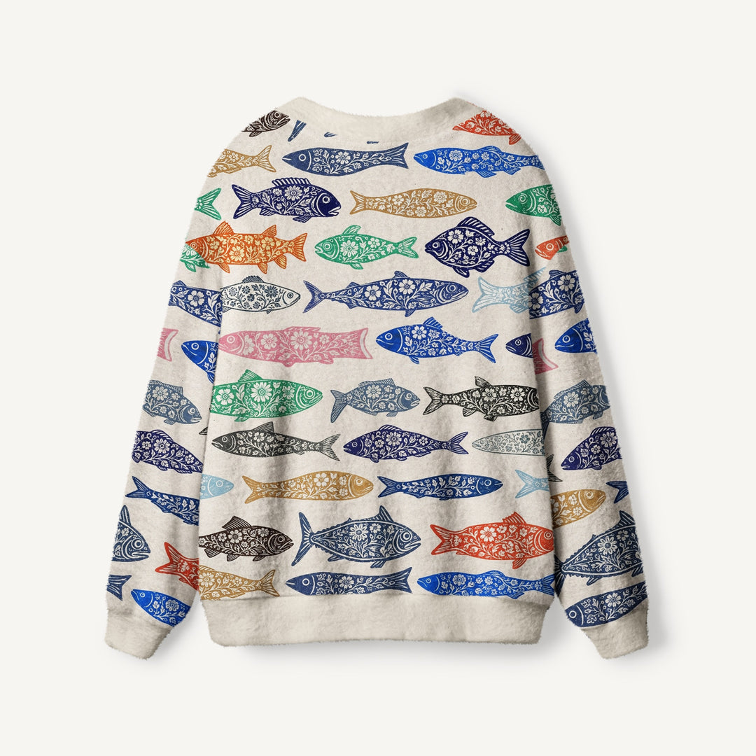 Cardigan lavorato a maglia boho con stampa di pesci floreali colorati
