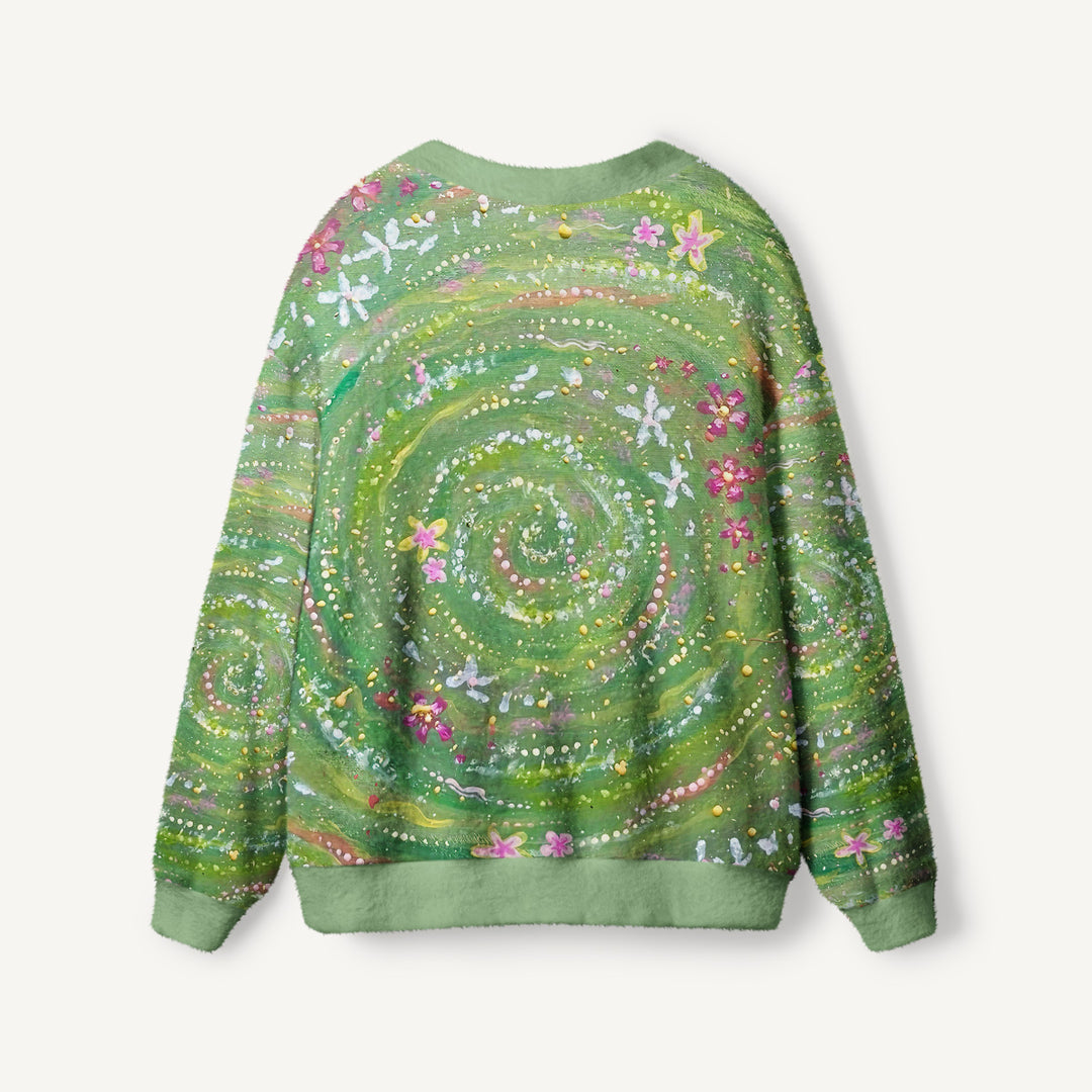 Cardigan lavorato a maglia artistico verde con motivi a spirale e stampa di fiori selvatici