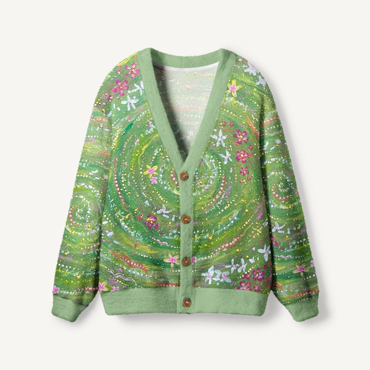 Cardigan lavorato a maglia artistico verde con motivi a spirale e stampa di fiori selvatici