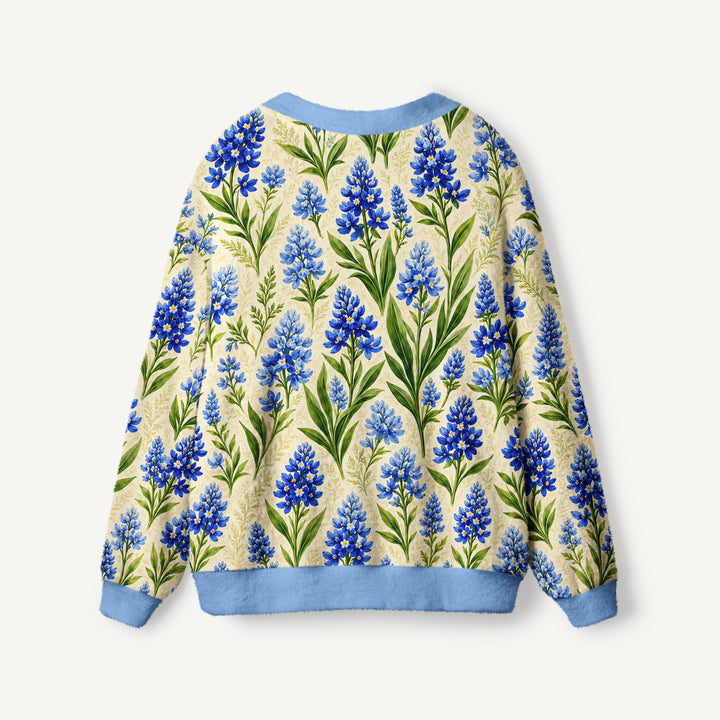 Cardigan lavorato a maglia blu reale con prato di lupini