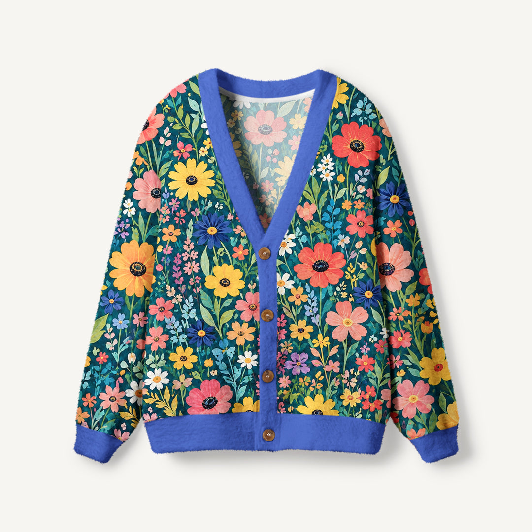 Cardigan lavorato a maglia color verde petrolio scuro con prato di fiori selvatici