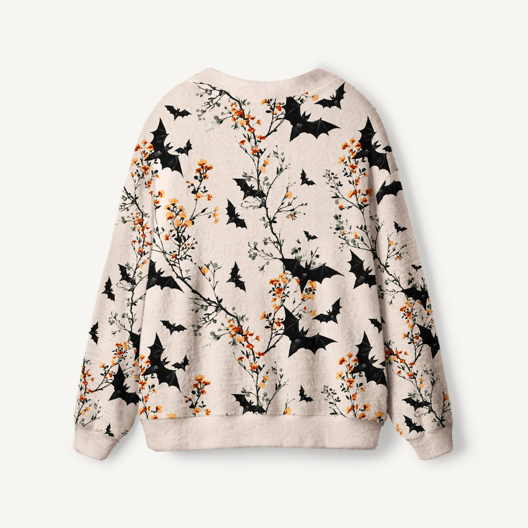 Cardigan lavorato a maglia di Halloween con pipistrelli e fiori selvatici