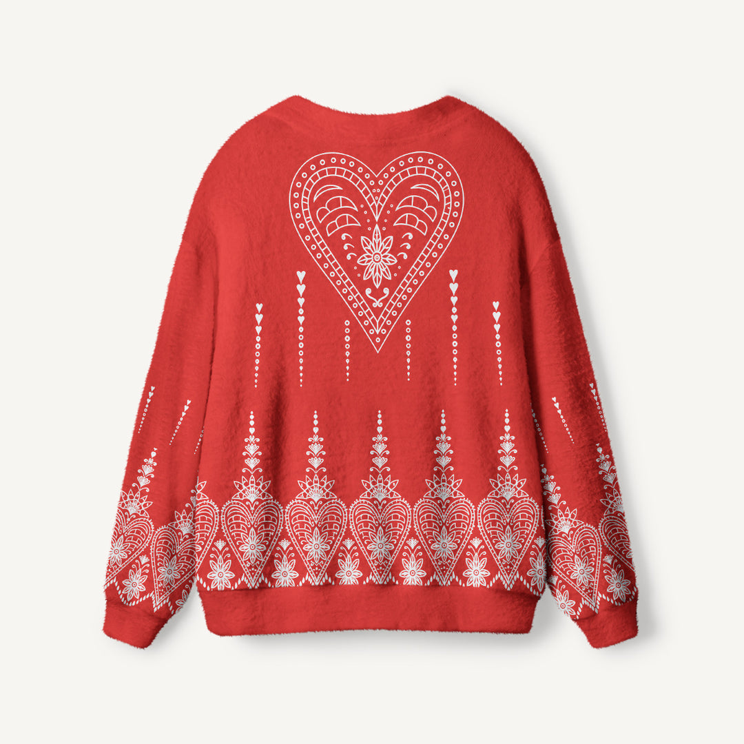 Cardigan lavorato a maglia rosso con stampa floreale e cuori in stile folk