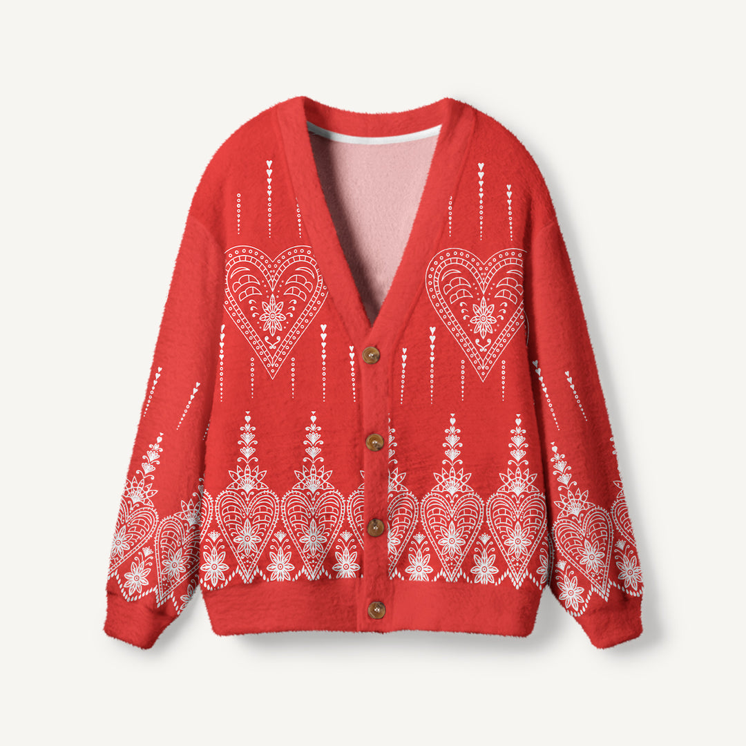 Cardigan lavorato a maglia rosso con stampa floreale e cuori in stile folk