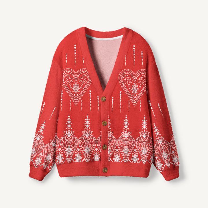 Cardigan lavorato a maglia rosso con stampa floreale e cuori in stile folk