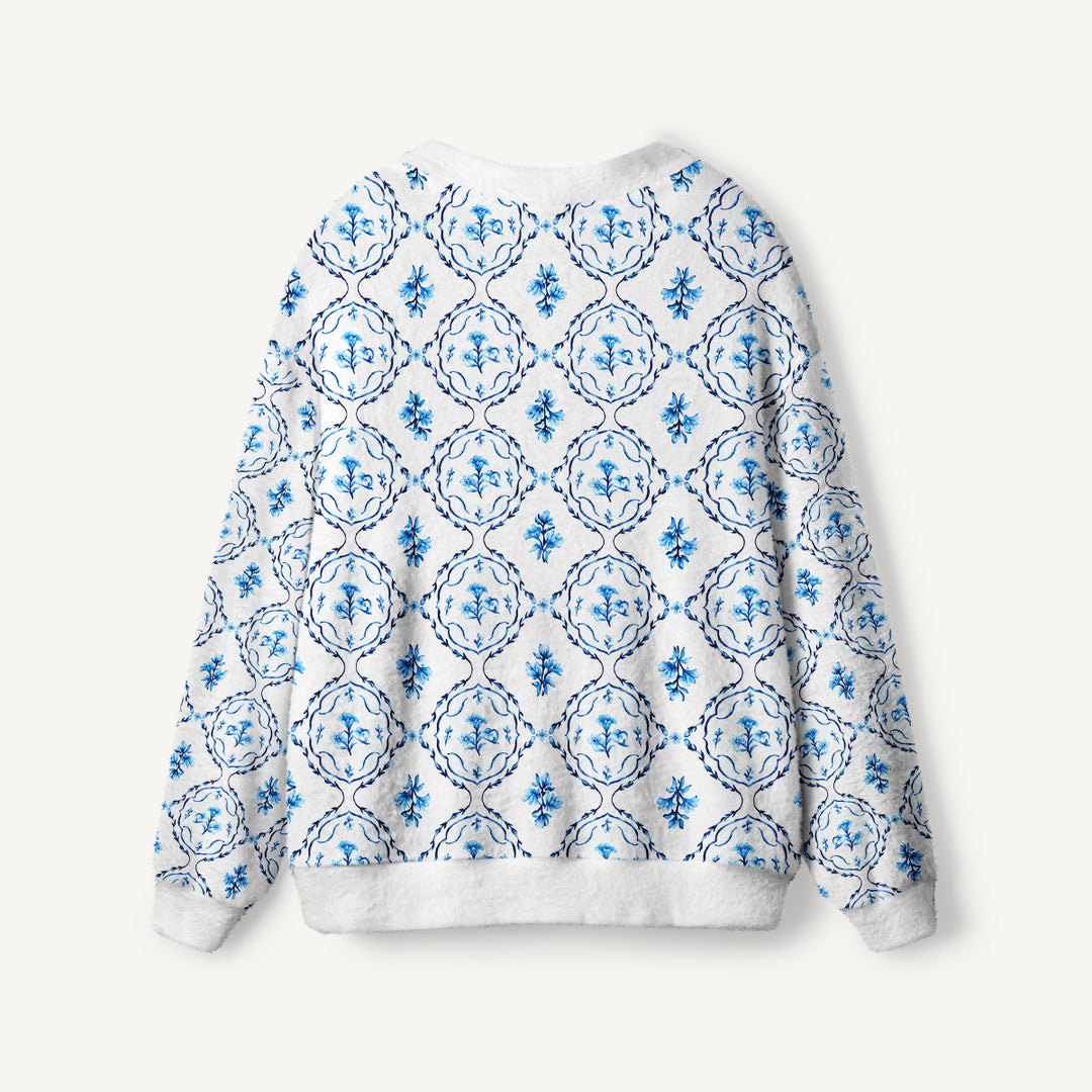Cardigan lavorato a maglia blu con stampa di medaglioni floreali