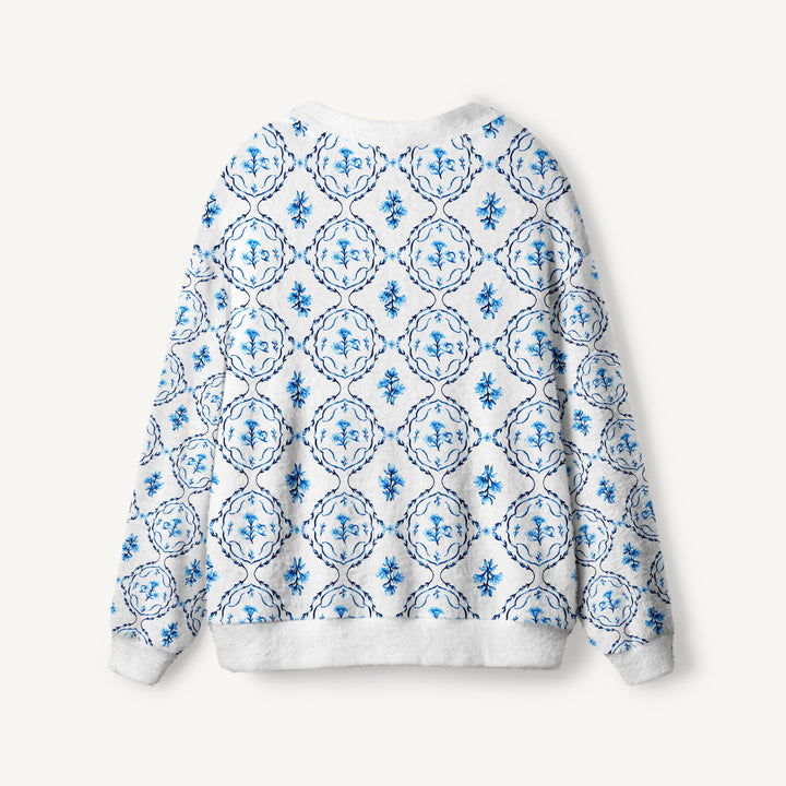 Cardigan lavorato a maglia blu con stampa di medaglioni floreali