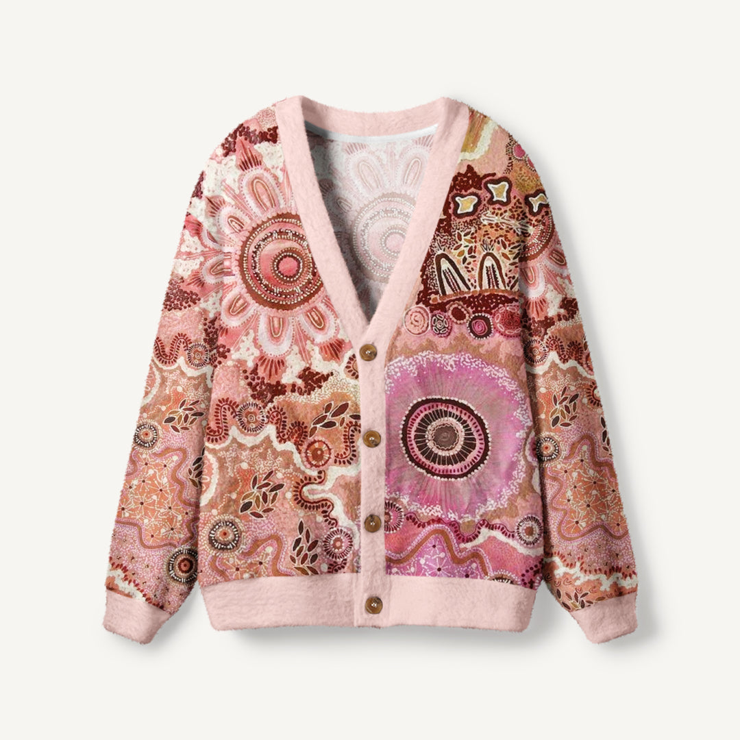 Cardigan lavorato a maglia boho rosa con stampa floreale e simboli tribali del sole