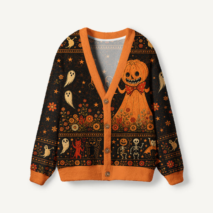 Cardigan lavorato a maglia floreali di Halloween con zucche e fantasmi
