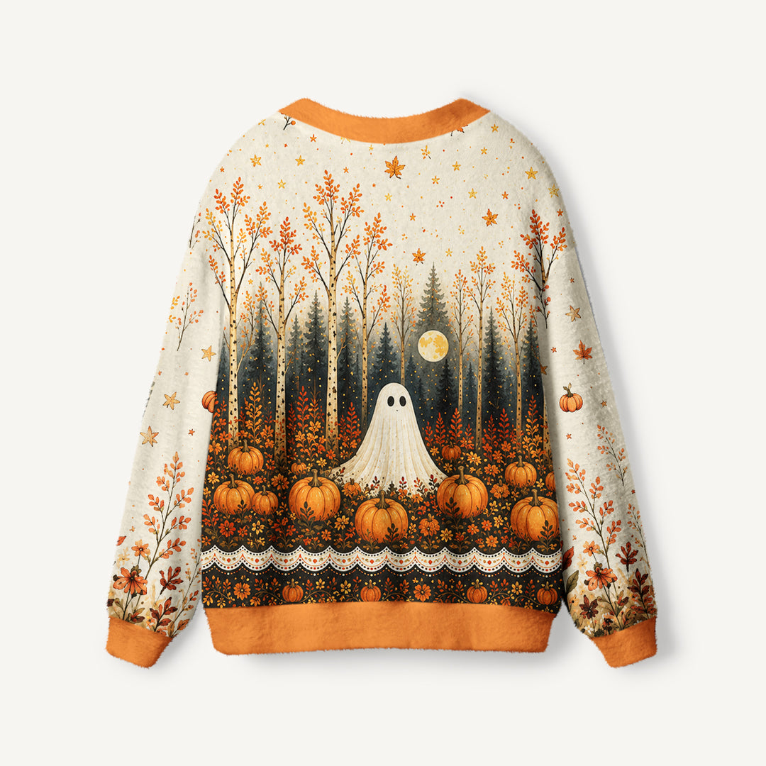 Cardigan lavorato a maglia autunnali con fantasmi, zucche e motivi di bosco