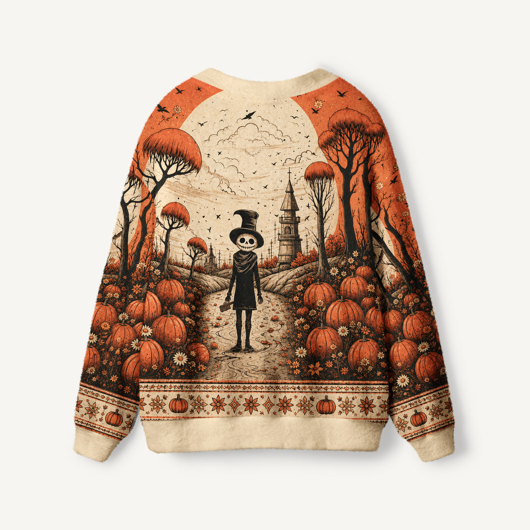 Cardigan lavorato a maglia con motivi di Halloween, zucche, scheletri e foreste