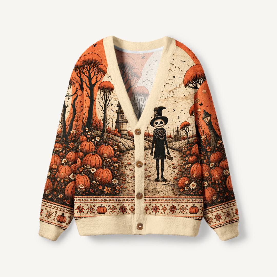 Cardigan lavorato a maglia con motivi di Halloween, zucche, scheletri e foreste