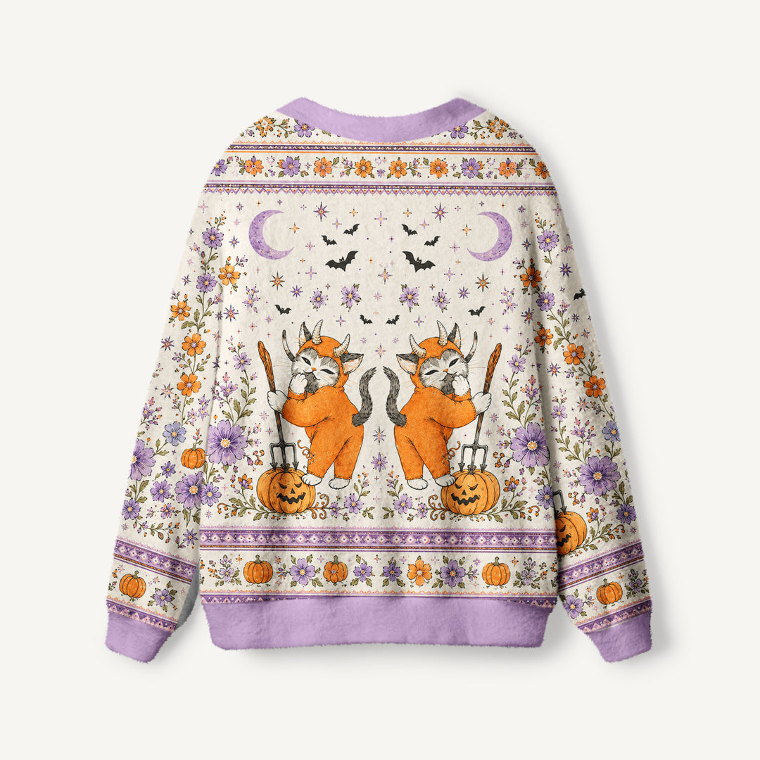 Cardigan lavorato a maglia floreali di Halloween con gatti, zucche e luna
