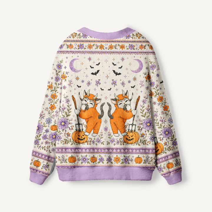 Cardigan lavorato a maglia floreali di Halloween con gatti, zucche e luna