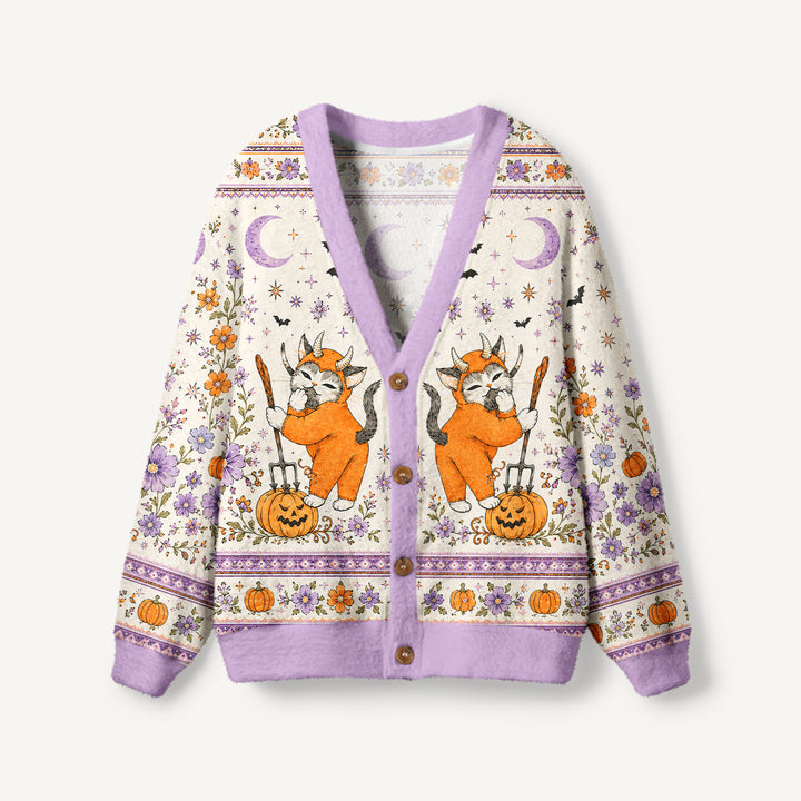 Cardigan lavorato a maglia floreali di Halloween con gatti, zucche e luna