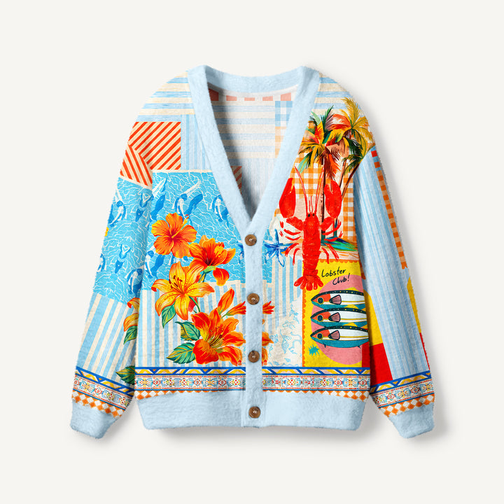 Cardigan lavorato a maglia tropicali con patchwork di aragoste