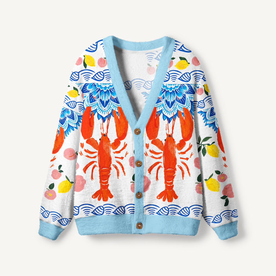 Cardigan lavorato a maglia con aragoste e limoni